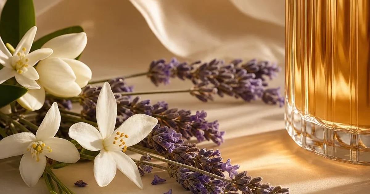 Lavender, orange blossom, jasmine petals, and golden glass in warm editorial light.